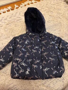 GAP Navy Bow-Print Hooded Puffer Coat